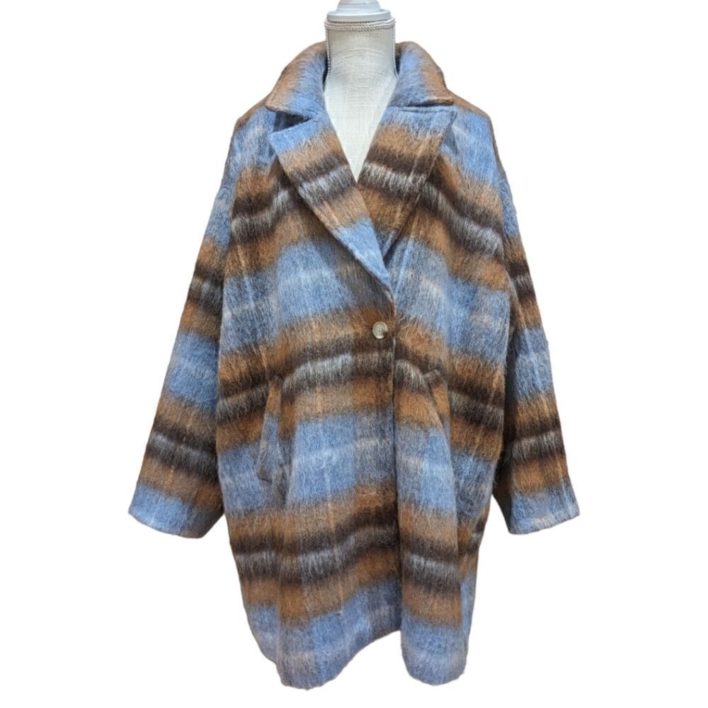 NWOT GREYLIN Oversized Brushed Plaid Wool Blend One Button OverCoat Size 1XL